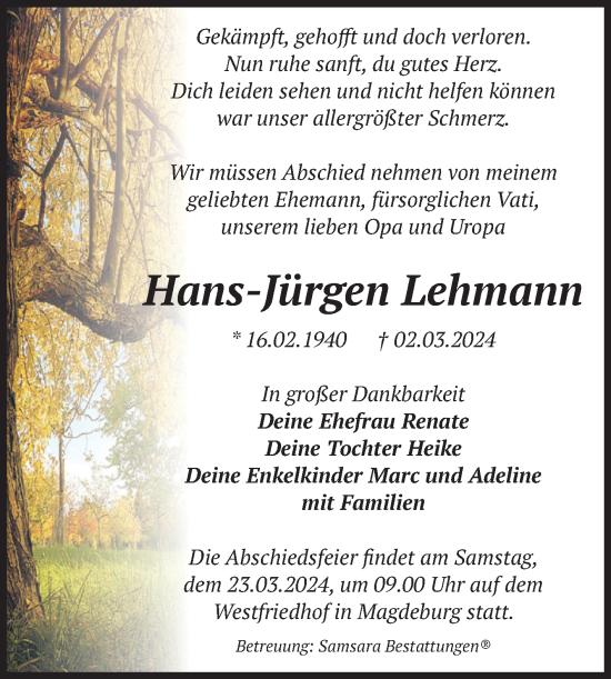 Traueranzeige von Hans-Jürgen Lehmann von Volksstimme Magdeburg
