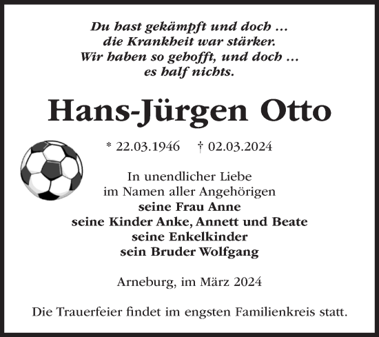 Traueranzeige von Hans-Jürgen Otto von Volksstimme Altmark Ost