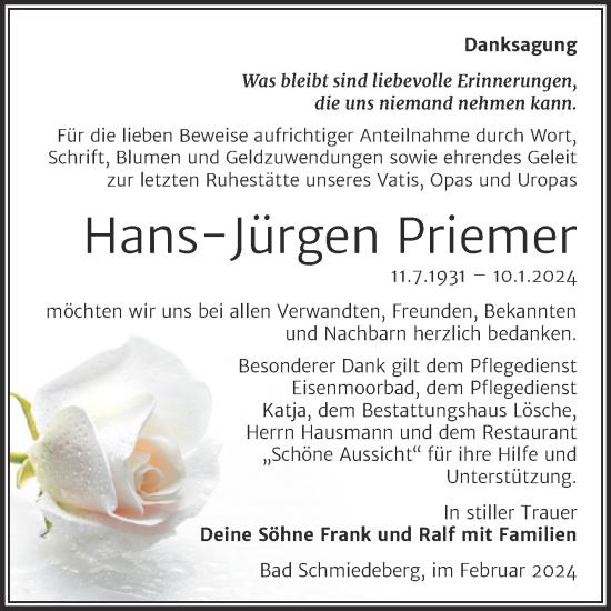 Traueranzeige von Hans-Jürgen Priemer von Trauerkombi Wittenberg