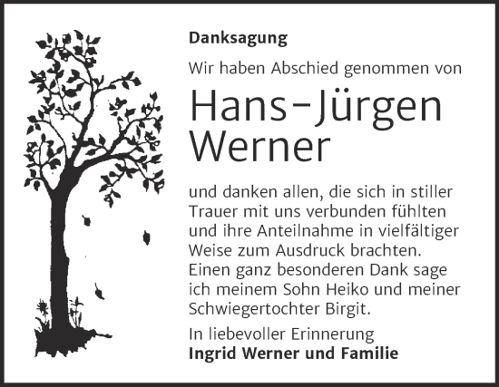 Traueranzeige von Hans-Jürgen Werner von Trauerkombi Aschersleben