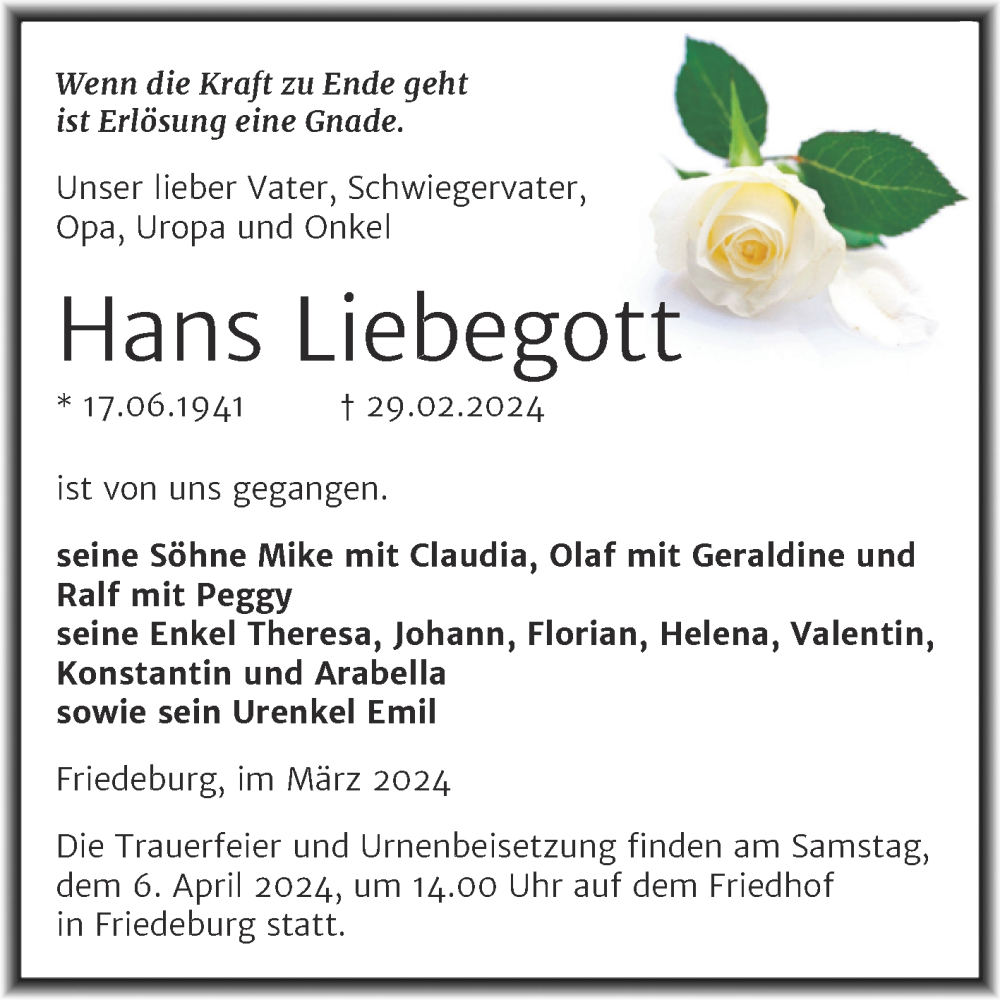  Traueranzeige für Hans Liebegott vom 14.03.2024 aus Trauerkombi Mansfelder Land