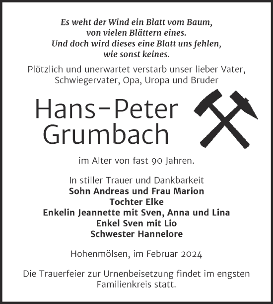 Traueranzeige von Hans-Peter Grumbach von Trauerkombi Weißenfels