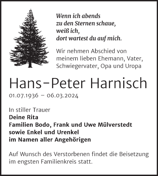 Traueranzeige von Hans-Peter Harnisch von Trauerkombi Quedlinburg