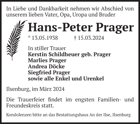 Traueranzeige von Hans-Peter Prager von Volksstimme Wernigerode
