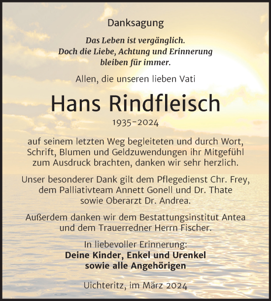 Traueranzeige von Hans Rindfleisch von Trauerkombi Weißenfels