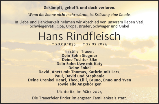 Traueranzeige von Hans Rindfleisch von Trauerkombi Weißenfels