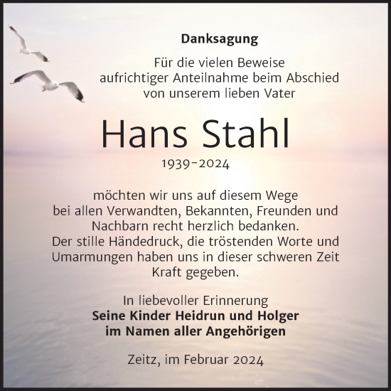 Traueranzeige von Hans Stahl von Trauerkombi Zeitz