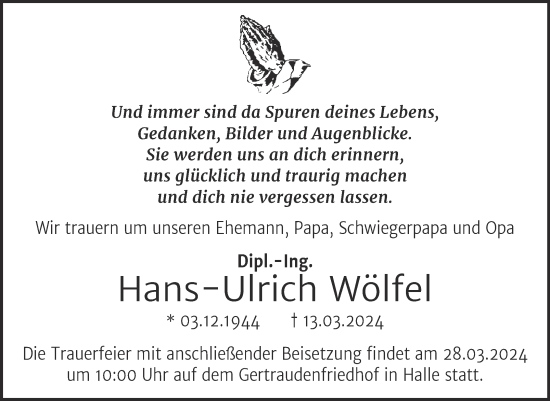 Traueranzeige von Hans-Ulrich Wölfel von Mitteldeutsche Zeitung Halle/Saalkreis
