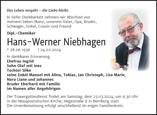 Traueranzeige von Hans-Werner Niebhagen von Trauerkombi Bernburg