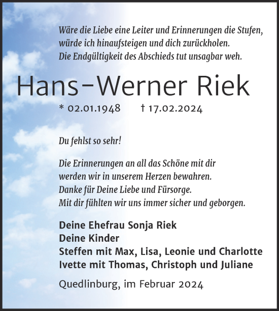 Traueranzeige von Hans-Werner Riek von Trauerkombi Quedlinburg