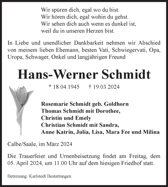 Traueranzeige von Hans-Werner Schmidt von Volksstimme Schönebeck