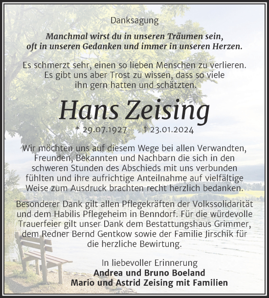 Traueranzeige von Hans Zeising von Trauerkombi Mansfelder Land