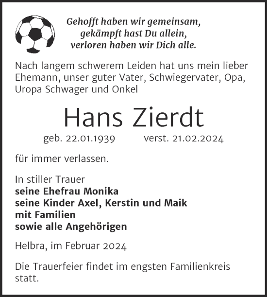Traueranzeige von Hans Zierdt von Trauerkombi Mansfelder Land