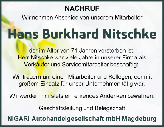 Traueranzeige von Hans Burkhard Nitschke von Volksstimme Magdeburg