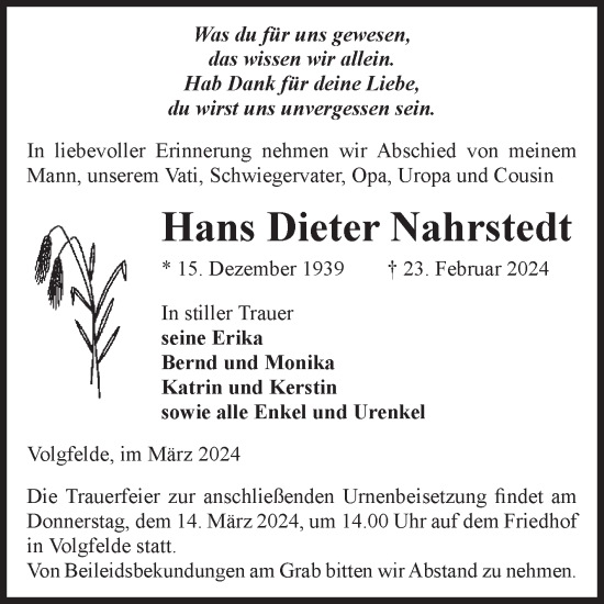 Traueranzeige von Hans Dieter Nahrstedt von Volksstimme Altmark Ost