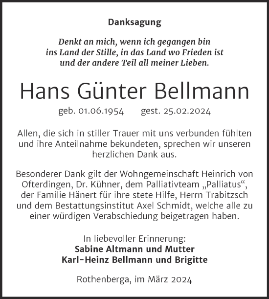 Traueranzeige von Hans Günter Bellmann von Super Sonntag Naumburg/Nebra