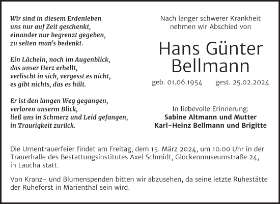 Traueranzeige von Hans Günter Bellmann von Super Sonntag Naumburg/Nebra