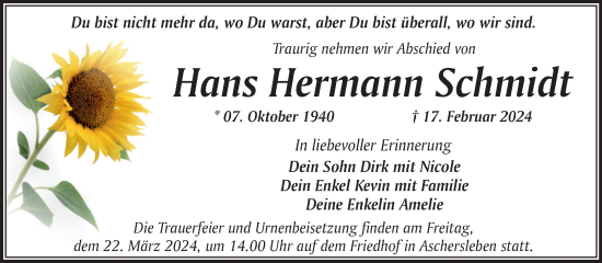 Traueranzeige von Hans Hermann Schmidt von Trauerkombi Aschersleben