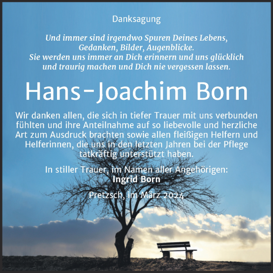 Traueranzeige von Hans Joachim Born von Trauerkombi Wittenberg