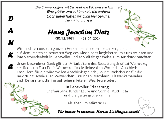 Traueranzeige von Hans Joachim Dietz von Trauerkombi Bernburg