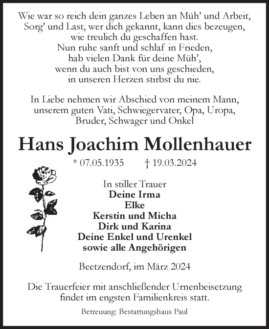 Traueranzeige von Hans Joachim Mollenhauer von Volksstimme Altmark West