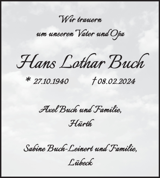 Traueranzeige von Hans Lothar Buch von Trauerkombi Bernburg