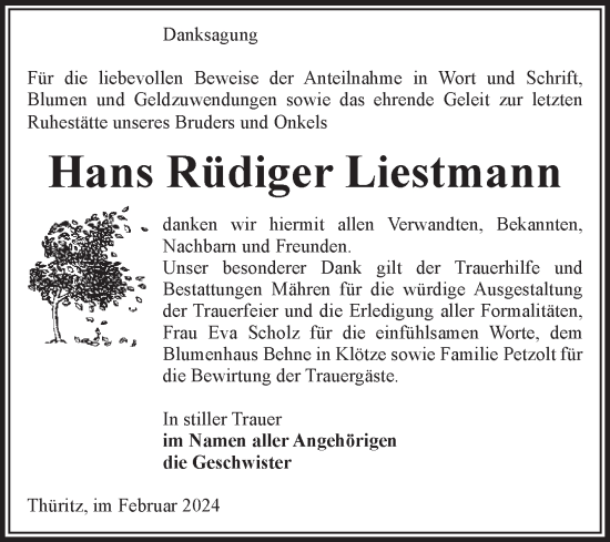 Traueranzeige von Hans Rüdiger Liestmann von Volksstimme Altmark West