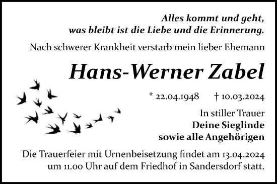 Traueranzeige von Hans Werner Zabel von Trauerkombi Bitterfeld