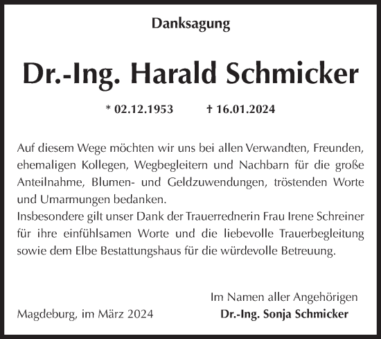 Traueranzeige von Harald Schmicker von Volksstimme Magdeburg