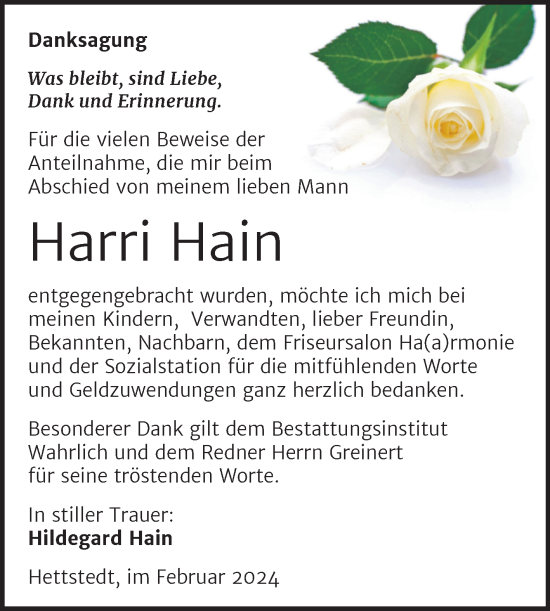 Traueranzeige von Harri Hain von Trauerkombi Mansfelder Land