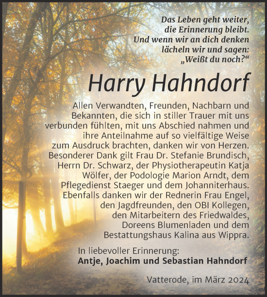 Traueranzeige von Harry Hahndorf von Trauerkombi Mansfelder Land