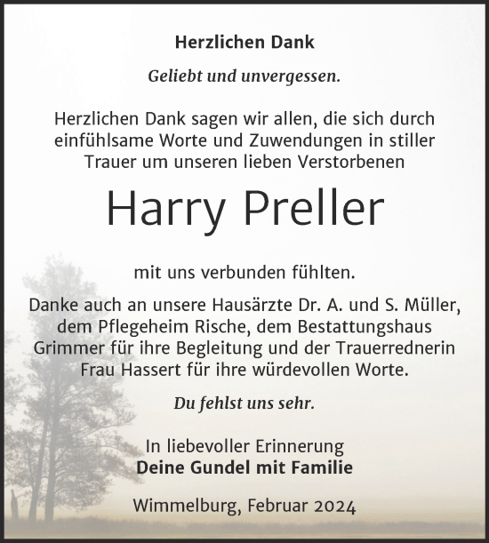 Traueranzeige von Harry Preller von Trauerkombi Mansfelder Land