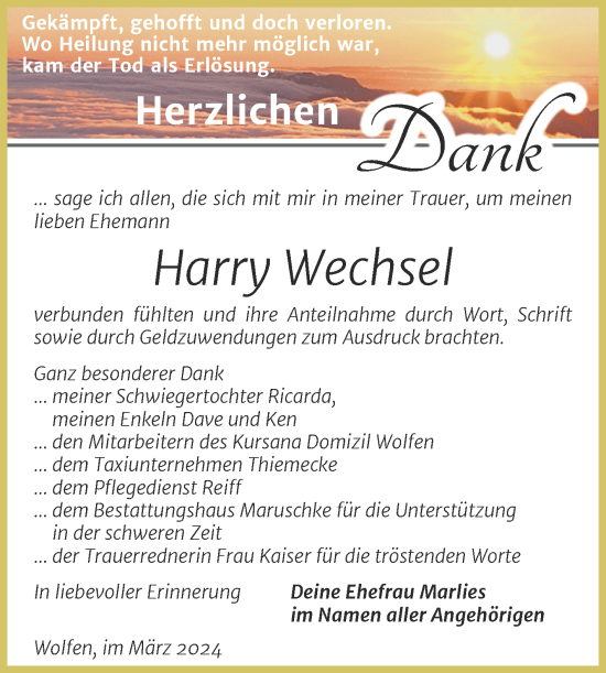 Traueranzeige von Harry Wechsel von Trauerkombi Bitterfeld