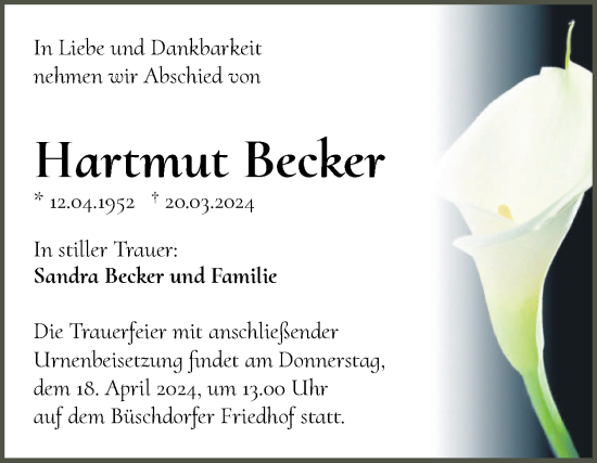 Traueranzeige von Hartmut Becker von Mitteldeutsche Zeitung Halle/Saalkreis