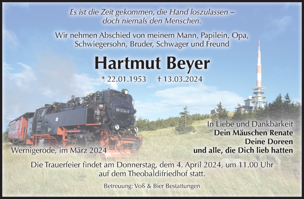  Traueranzeige für Hartmut Beyer vom 23.03.2024 aus Volksstimme Wernigerode