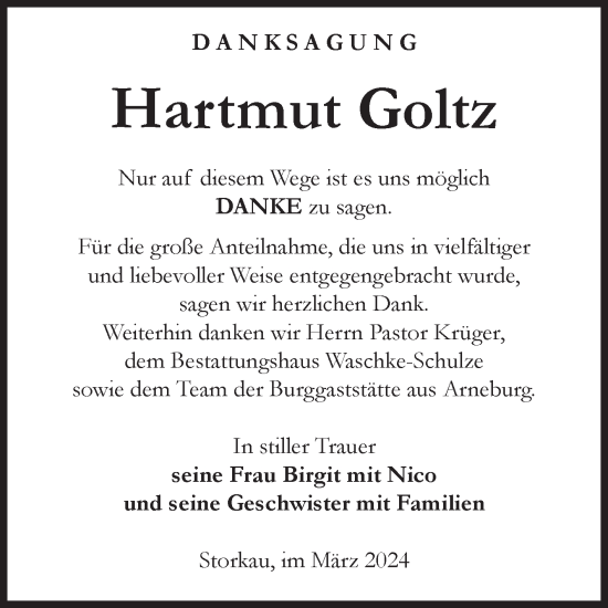 Traueranzeige von Hartmut Goltz von Volksstimme Altmark Ost