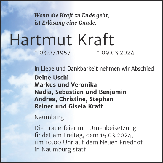 Traueranzeige von Hartmut Kraft von Naumburger Tageblatt