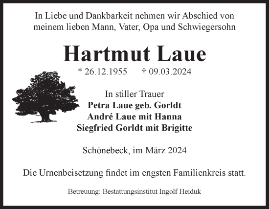 Traueranzeige von Hartmut Laue von Volksstimme Schönebeck