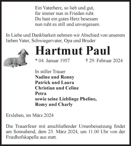 Traueranzeige von Hartmut Paul von Volksstimme Haldensleben/Wolmirstedt