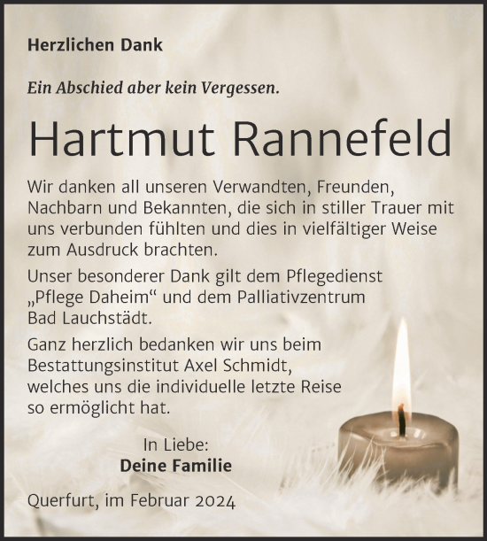 Traueranzeige von Hartmut Rannefeld von Trauerkombi Merseburg