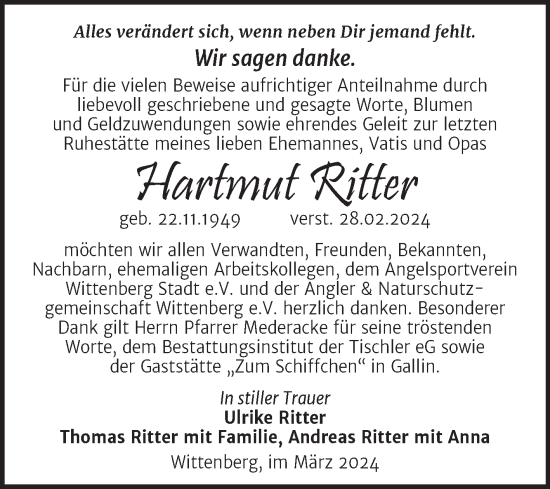 Traueranzeige von Hartmut Ritter von Trauerkombi Wittenberg