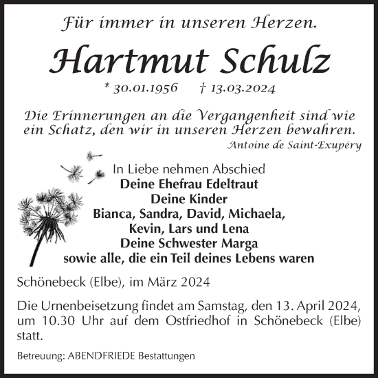 Traueranzeige von Hartmut Schulz von Volksstimme Schönebeck