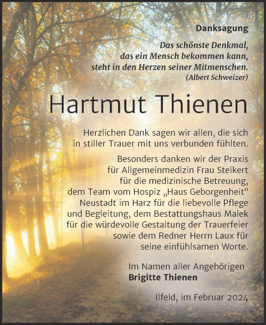 Traueranzeige von Hartmut Thienen von Volksstimme Wernigerode