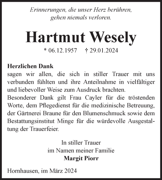 Traueranzeige von Hartmut Wesely von Volksstimme Oschersleben/Wanzleben