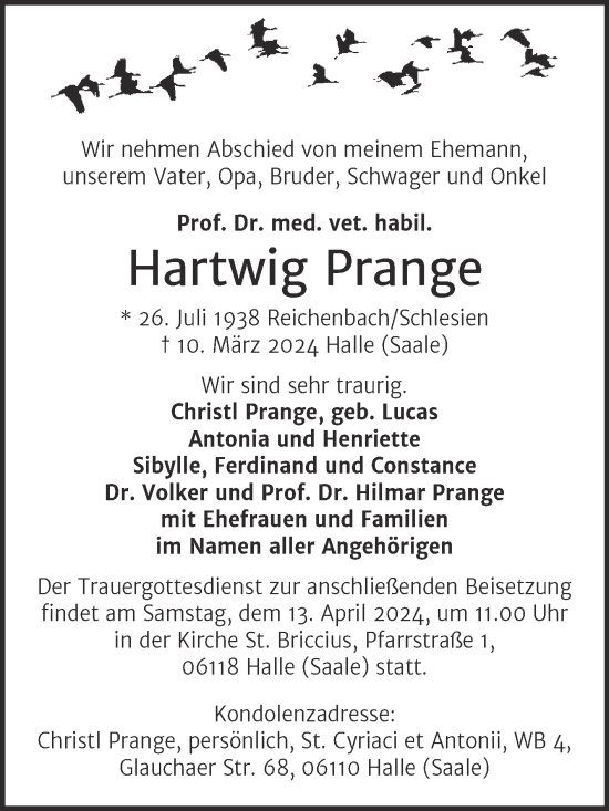 Traueranzeige von Hartwig Prange von Mitteldeutsche Zeitung Halle/Saalkreis