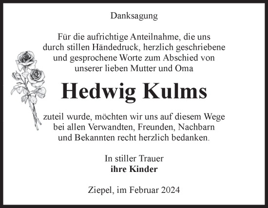 Traueranzeige von Hedwig Kulms von Volksstimme Burg/Genthin