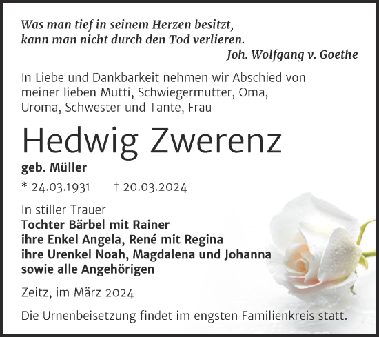 Traueranzeige von Hedwig Zwerenz von Trauerkombi Zeitz