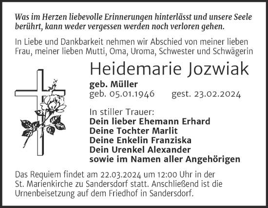 Traueranzeige von Heidemarie Jozwiak von Trauerkombi Bitterfeld