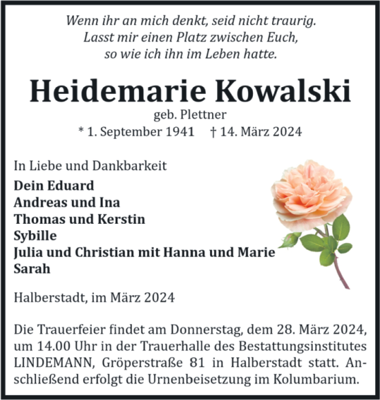 Traueranzeige von Heidemarie Kowalski von Volksstimme Halberstadt