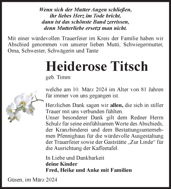 Traueranzeige von Heiderose Titsch von Volksstimme Burg/Genthin